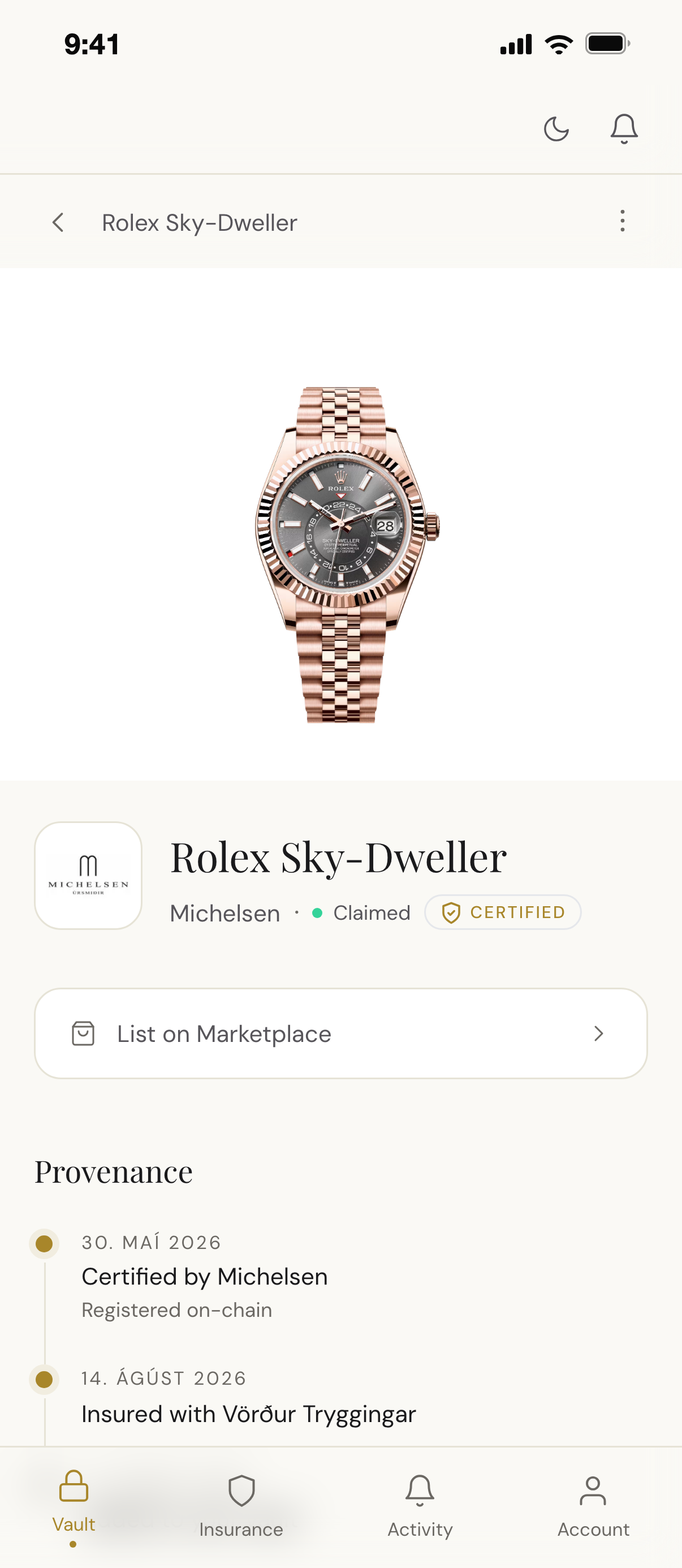 Rolex Sky-Dweller certified by Michelsen Úrsmiðir in the Norrstone Vault