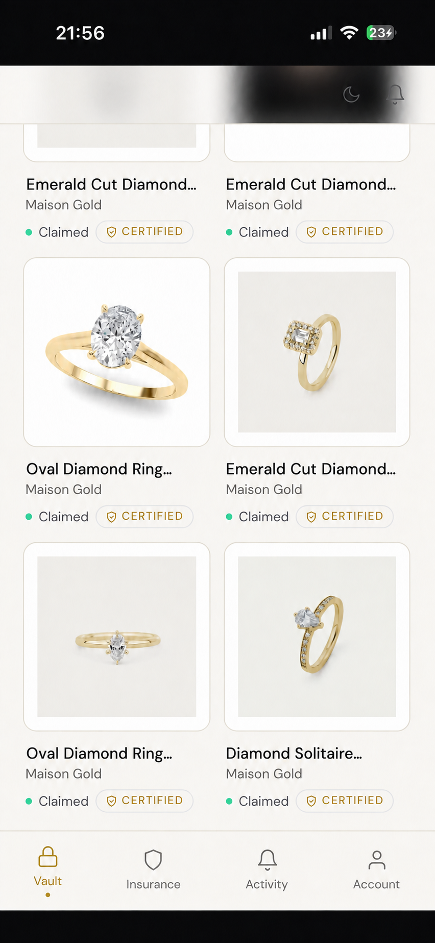 Norrstone Vault showing Maison Gold verified diamond rings with English product names