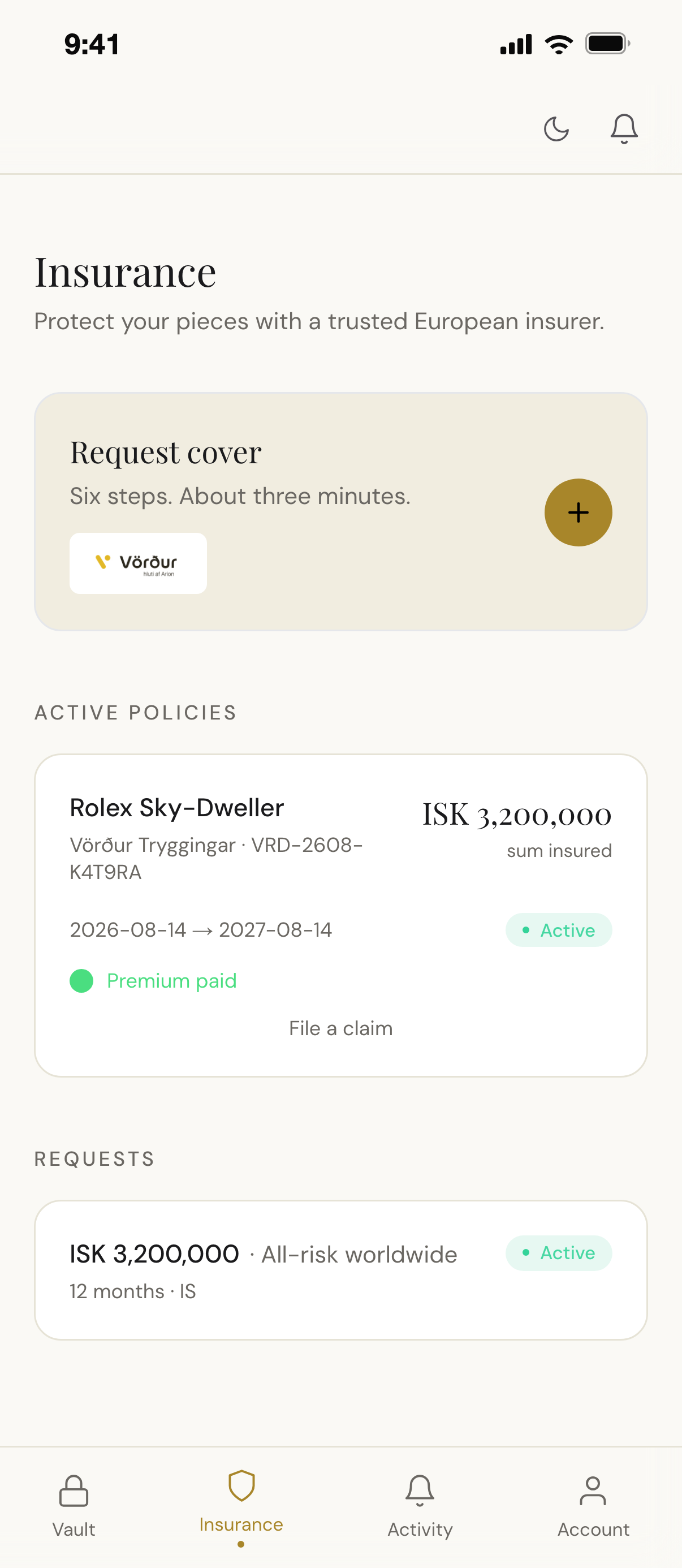 A Vörður insurance policy for a Michelsen-certified Rolex in the Norrstone Vault