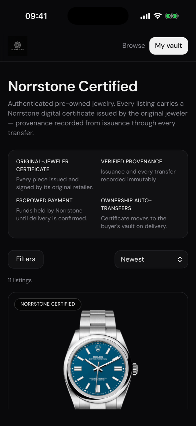 Norrstone marketplace on iOS — Norrstone Certified listings